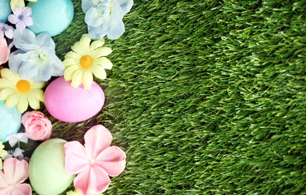 Grass, flowers, Easter, flowers, spring, Easter, eggs, decoration