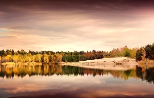 Autumn, leaves, trees, landscape, nature, lake, reflection, shore