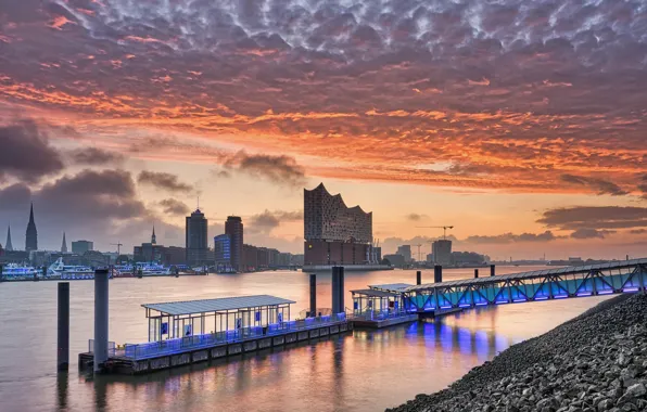 Sunset, the city, river