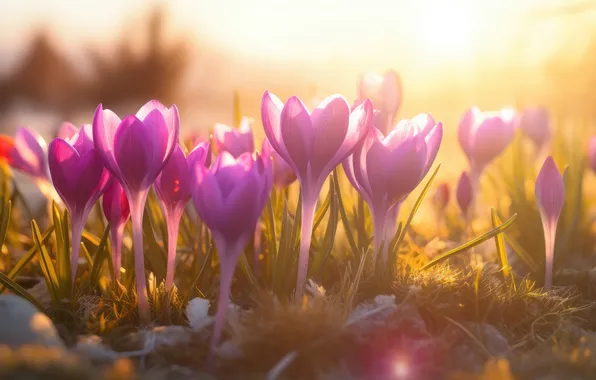 Light, flowers, glade, spring, crocuses, lilac, Krokus, bokeh