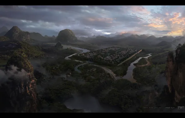 Mountains, river, settlement, Love O2O Jinling City