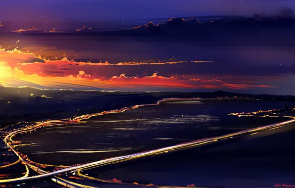 Picture the sun, landscape, sunset, the evening, art, sunset, art, Illustration