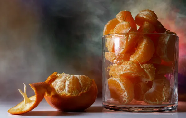 Glass, still life, slices, tangerines