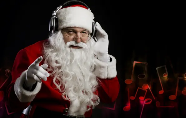 Notes, the dark background, new year, headphones, Santa Claus, listening to music