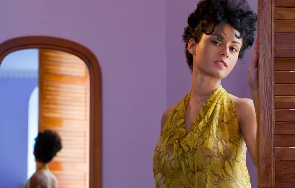 Look, curls, dress, mirror, brunette, window, hairstyle, curls