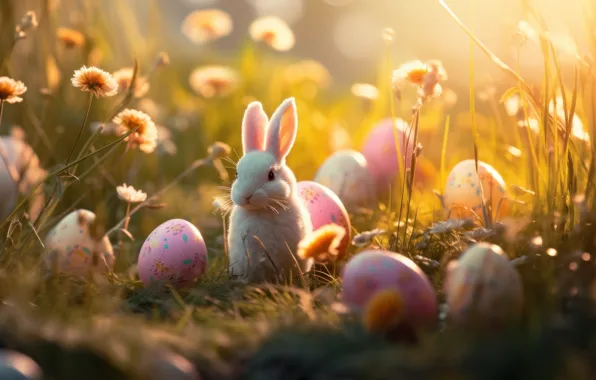 Look, light, flowers, nature, holiday, glade, hare, eggs