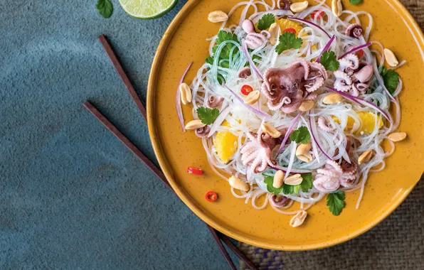 Orange, lime, nuts, peanuts, salad, squid, noodles