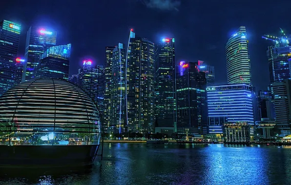 Picture building, Bay, Singapore, night city, skyscrapers, Singapore, Marina Bay, Marina Bay