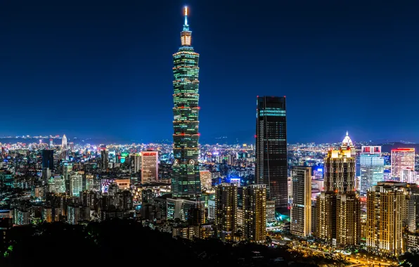 China, building, panorama, China, Taiwan, night city, Taipei, skyscraper