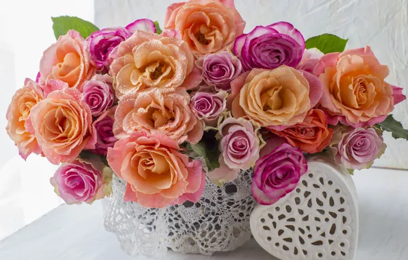 Picture love, flowers, heart, roses, bouquet, colorful, love, pink