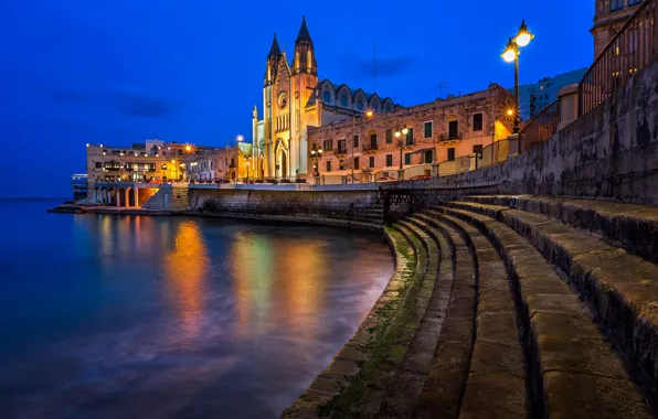 Water, lights, Cathedral, promenade, Malta, Valletta