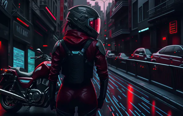 Picture auto, girl, machine, the city, motorcycle, helmet, jumpsuit, neural network