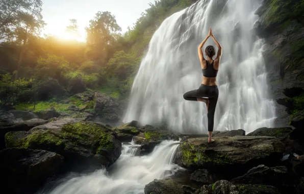 Girl, waterfall, Yoga