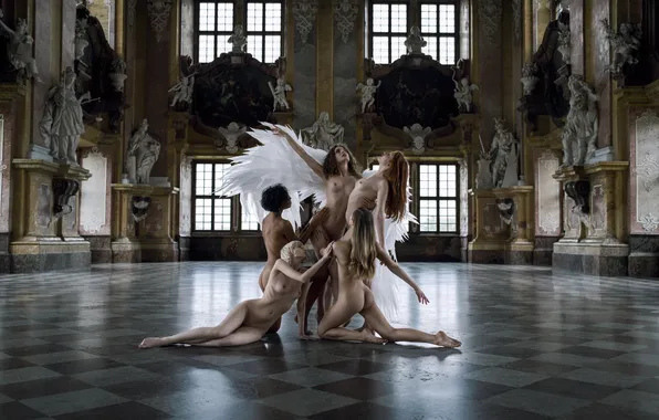 Wings, hall, naked bodies, Alex Tsarfin, naked models, girls pose, sexy beauties, Seraphic Ascension
