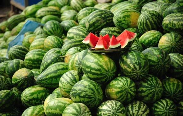 Picture red, green, a bunch, a lot, watermelons, slices, whole