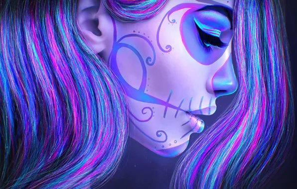 Girl, face, death, hair, skull, beauty, makeup, tattoo