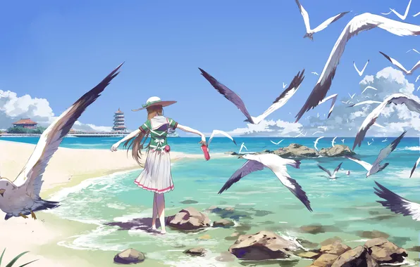 Sand, the sky, girl, clouds, stones, the ocean, shore, seagulls