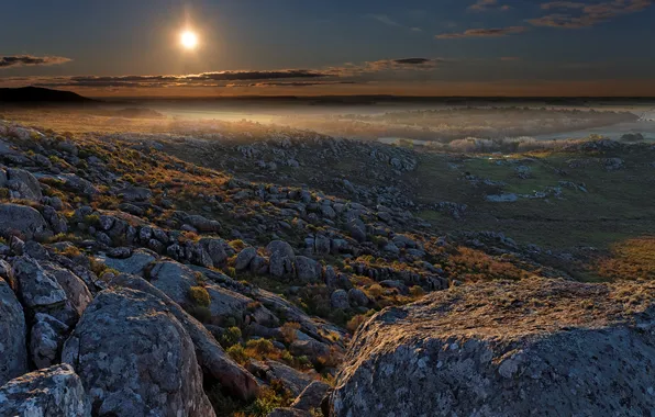 Picture the sun, valley, stones