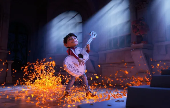 Picture cinema, guitar, Pixar, flower, boy, movie, Coco, film