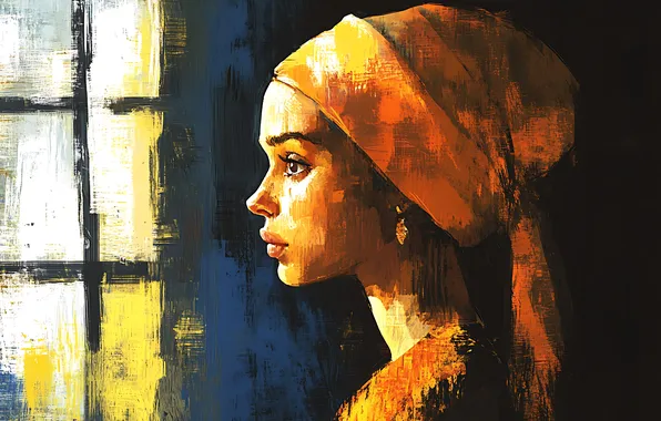 Girl, portrait, window, profile, strokes, imitation painting, AI art, neural network