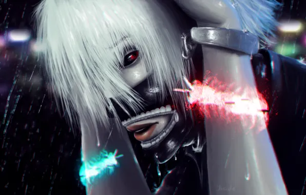 Night, rain, monster, art, male, Tokyo Ghoul, Ken Kanek, Tokyo Ghoul