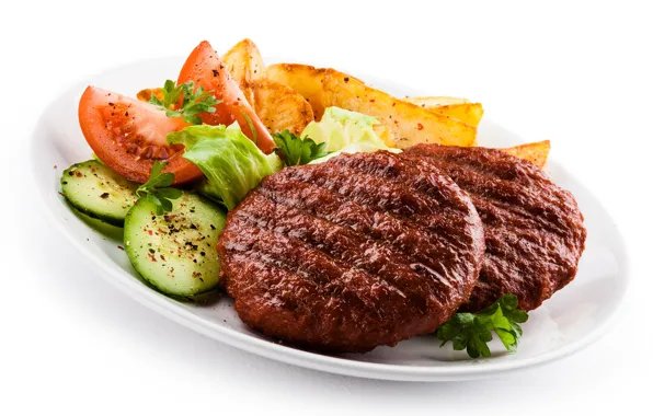 Picture plate, meat, tomatoes, Patty, salad