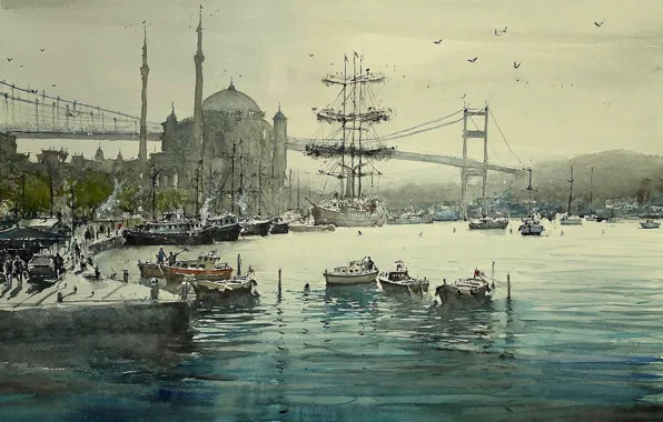 Bridge, boat, ship, picture, watercolor, mosque, Istanbul, the minaret