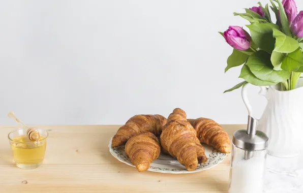 Table, bouquet, vase, honey, croissants