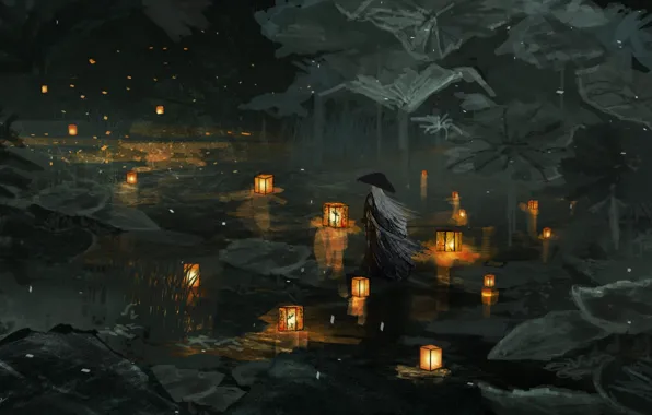 Water, night, nature, monk, lanterns