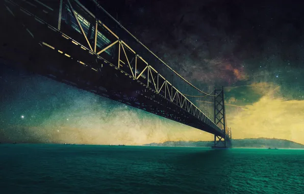Picture the sky, water, stars, mountains, bridge
