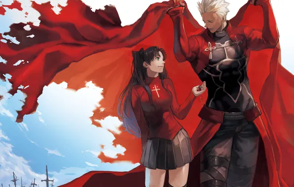 Girl, anime, art, pendant, guy, cloak, characters, Rin