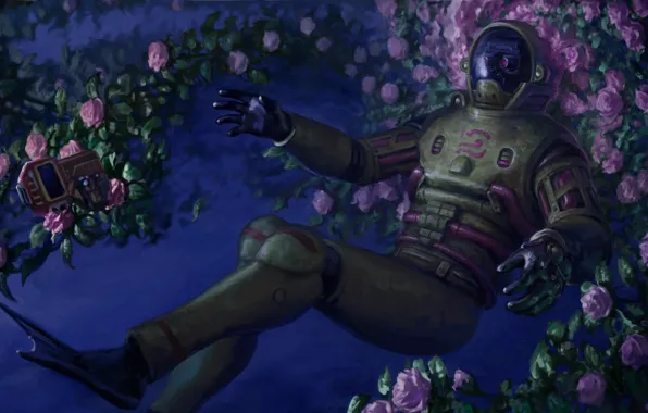 Picture space, flowers, fantasy, robot, roses, art, costume, cyborg