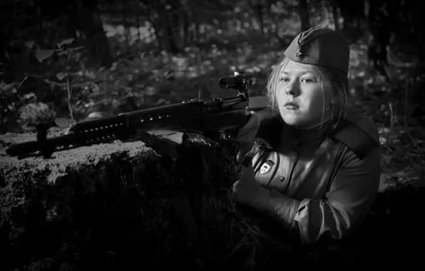 Girl, photo, war, black and white, optics, The second world, sniper, WWII