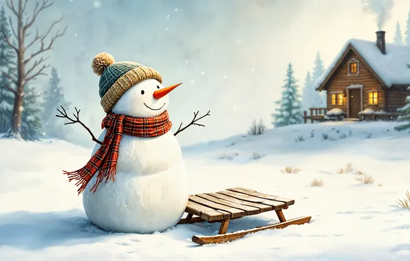 Picture winter, snow, decoration, Christmas, New year, snowman, happy, Christmas