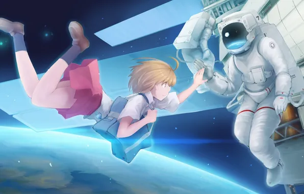 Picture the sky, girl, space, earth, planet, astronaut, anime, art