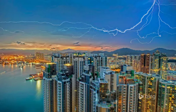 The sky, lights, lightning, home, Hong Kong, the evening, Kowloon, Kowloon