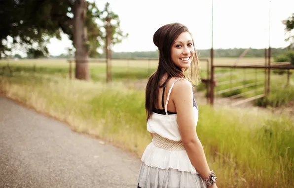Road, grass, look, girl, smile, brunette, Savanna