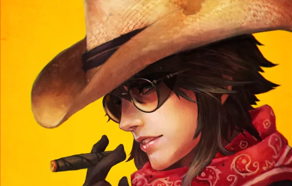 Picture girl, hat, glasses, cigar, cowboy, fan art, casual, overwatch