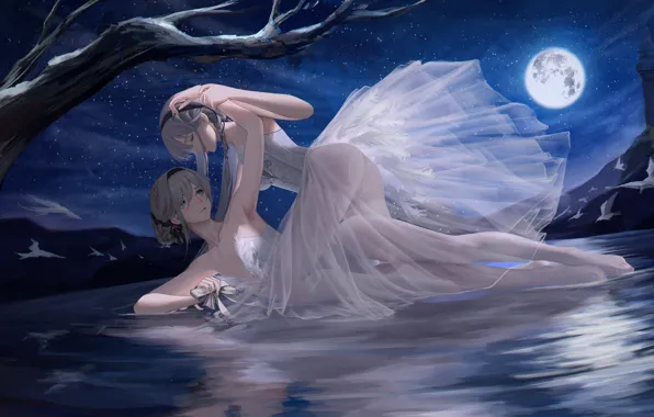 Water, birds, night, the moon, beauty, anime, Girls Frontline, anime girls