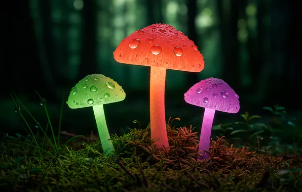 Forest, macro, lights, mushrooms, art, wallpaper, forest, art