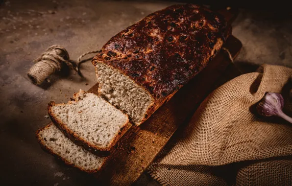 Table, rope, bread, burlap, cutting, garlic, home, cutting Board