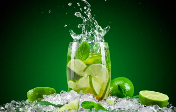 Water, glass, ice, splash, lime, drink, mint