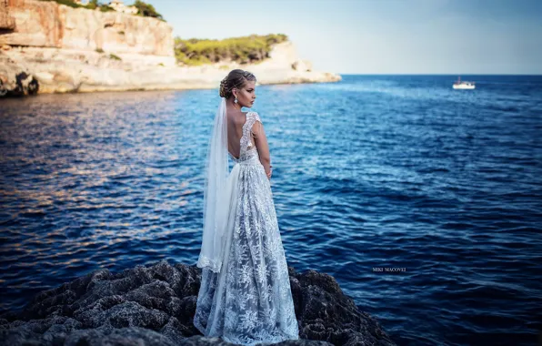 Picture sea, girl, rocks, back, dress, the bride, Miki Macovei Come With
