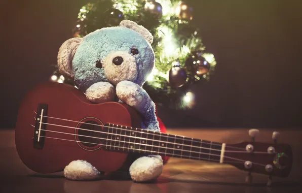 Balls, light, lights, the dark background, blue, toy, guitar, bear