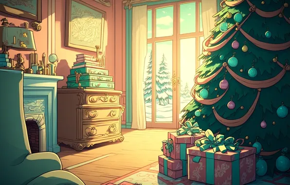 Balls, light, room, furniture, interior, chair, window, Christmas