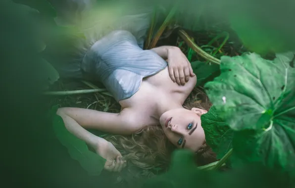 Picture forest, leaves, girl, dress, lies, blue eyes, Wallpaper from lolita777