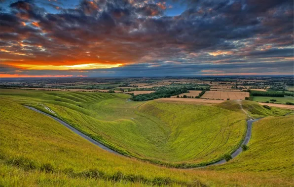 Field, the sky, clouds, sunset, nature, hills, England, valley