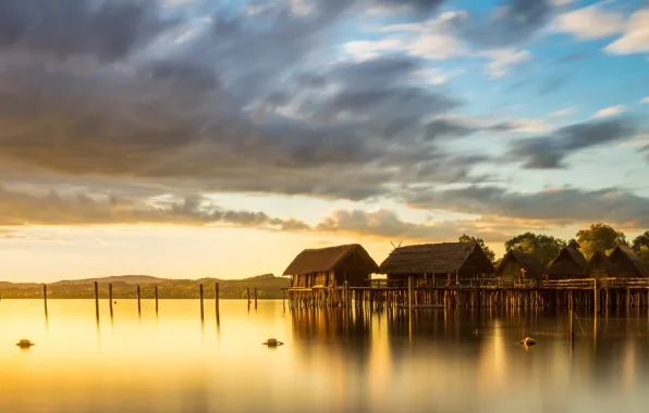The sky, clouds, light, landscape, sunset, nature, lake, dawn