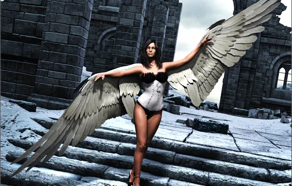 Look, girl, rendering, hair, wings, angel, ladder
