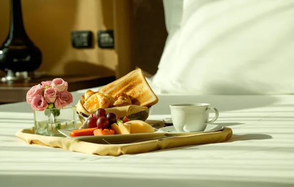 Flowers, coffee, fruit, toast, romantic breakfast